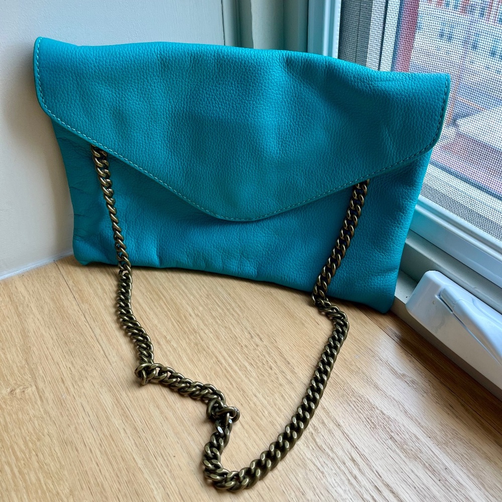 J.Crew Tiffany Blue Leather Envelope Clutch/Purse with Brass Shoulder Chain EUC